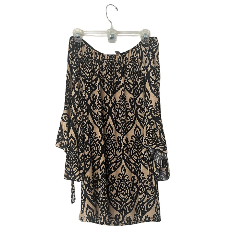 Black and Tan Patterned Off-Shoulder Dress